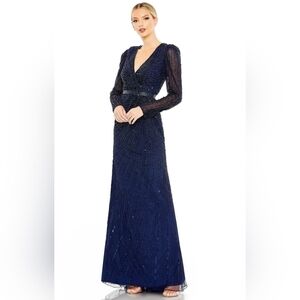 New Macduggal Beaded Sequin jeweled Navy Blue Long Sleeve Evening Dress Gown 10